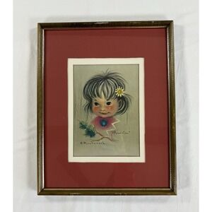 Vintage Monteague Flagg Moonrise Big Eye Native Girl Framed Art Lithograph MCM